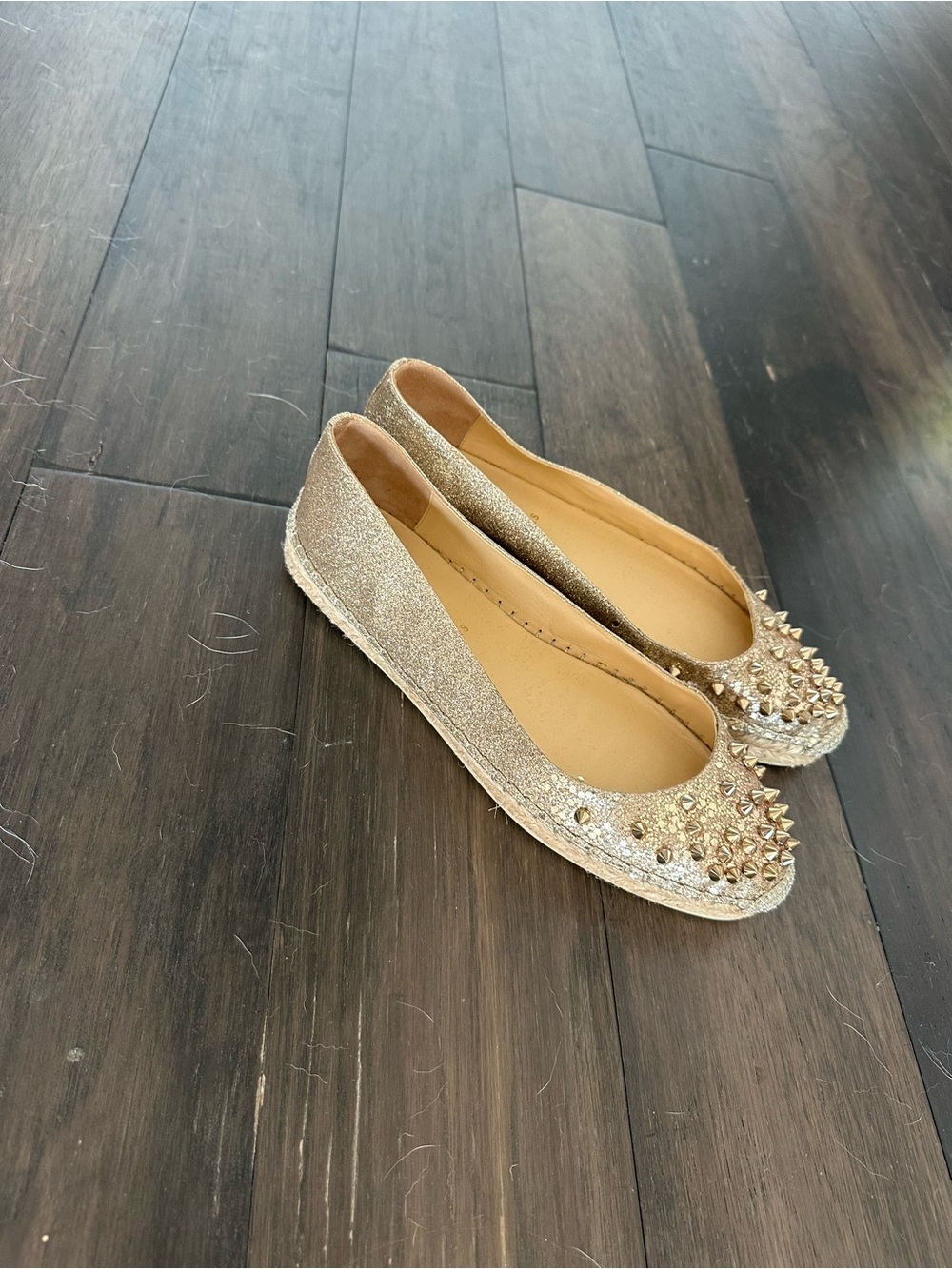 Christian louboutin espadrille Women's Gold Glitter Studded Flats